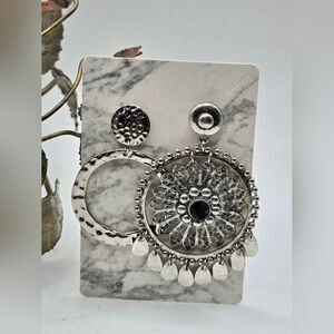 "5/"25" Mismatched Silvertone Madala Circle Tassel Silvertone Disc Earrings